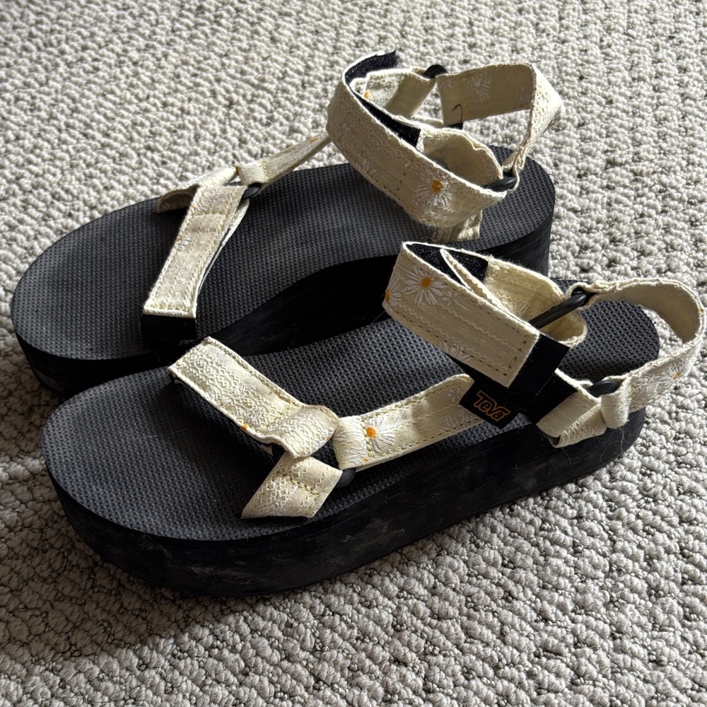 Teva Black and Cream Floral Platform Sandals